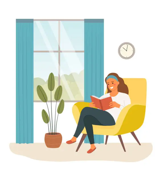 Vector illustration of Young woman relaxing on chair reading book by the window. Vector flat illustration