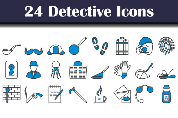 ilustrações, clipart, desenhos animados e ícones de conjunto de ícones de detetive - crime flashlight detective symbol