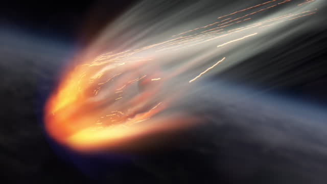 A bright burning comet with a comet tail  flying through the Space