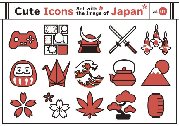 ilustrações, clipart, desenhos animados e ícones de ícones fofos definidos com a imagem do japão vol. 1 - tetsubin teapot
