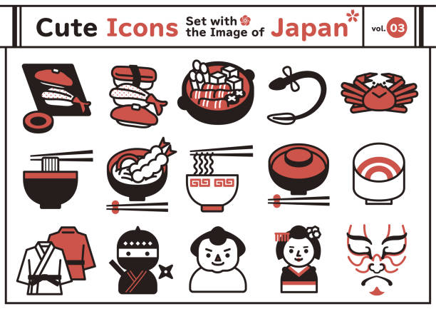 ilustrações, clipart, desenhos animados e ícones de ícones fofos definidos com a imagem do japão vol. 3 - sumo