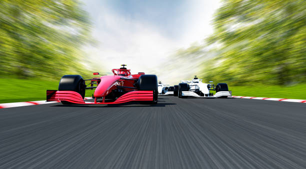front view of fast moving generic red race car leading  group on a race track, motion blur,  3D, car of my own design.