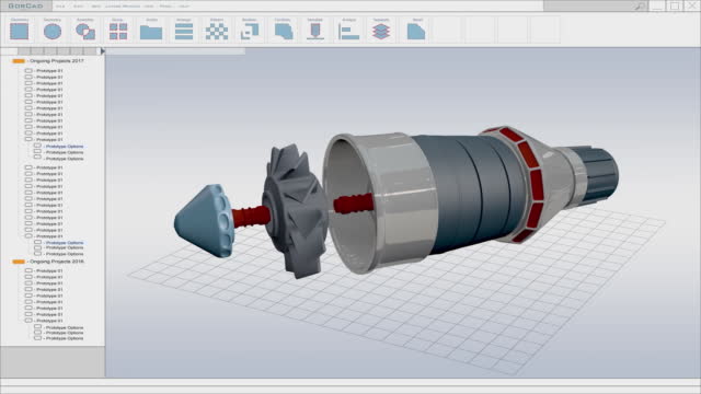 Computer CAD Software Mock-up Showing Design of Industrial Sustainable Green Energy Turbine Engine in 3D. Efficient Motor Prototype Animation. VFX Template for Computer Displays and Laptop Screens.
