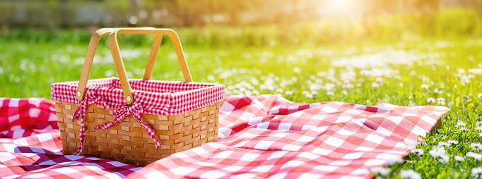Edredón nórdico de picnic con cesta vacía en el prado en la naturaleza. photo