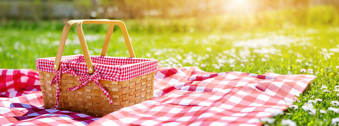 Picnic duvet with empty basket on the meadow in nature. Panoramic view. Concept of leisure and family weekend.