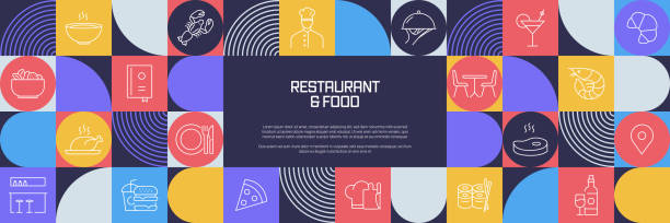 ilustraciones, imágenes clip art, dibujos animados e iconos de stock de diseño relacionado con restaurantes y alimentos con iconos de línea. iconos de símbolo de contorno simple. - salad food beer restaurant