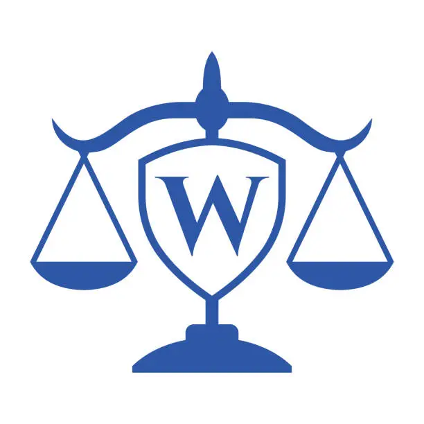 Vector illustration of Law Firm Logo Design On Letter W with Shield Sign. Law Logo, Lawyer And Justice, Law Attorney, Legal, Lawyer Service, Law Office, Scale Logo Template