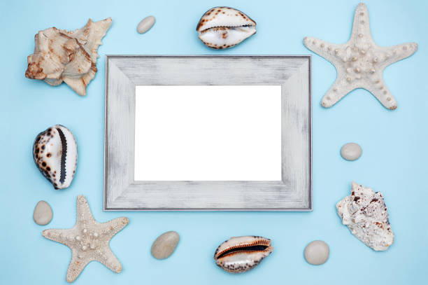 istock Frame mockup with seashells and starfish on a blue background. Vacation concept 1399538193