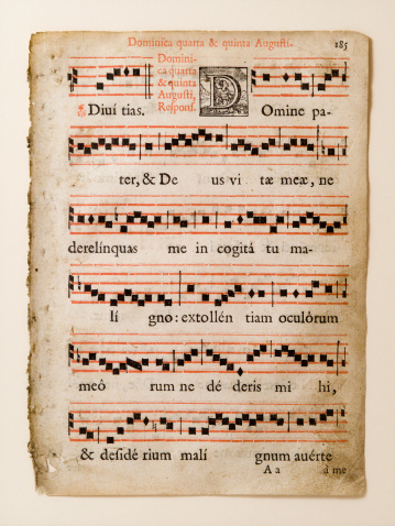 Alleluia. Antique sheet music. Latin hymnal parchment.