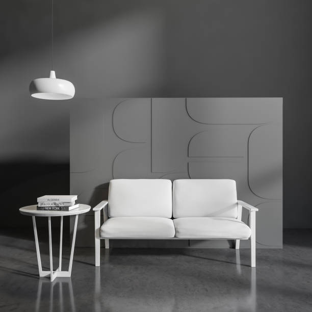 istock Relaxing room interior with couch and coffee table with lamp 1399540808