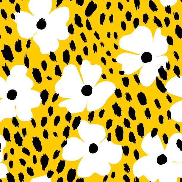 Vector illustration of Abstract modern leopard seamless pattern with flowers. Animals trendy background. Floral vector stock illustration for print, card, postcard, fabric, textile. Modern ornament of stylized skin