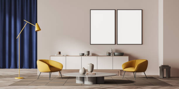 istock Chill room interior with seats and coffee table. Dresser and mockup frames 1399541195