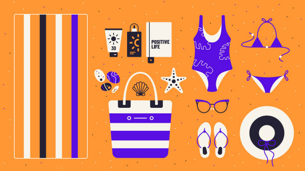 illustrations, cliparts, dessins animés et icônes de illustration vectorielle d’objets que l’on peut trouver dans les sacs de plage pour femmes. - sac-de-plage