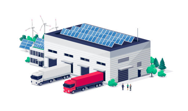 ilustrações, clipart, desenhos animados e ícones de centro logístico do armazém com processo de descarga de semi-caminhões e painéis solares - central de energia solar