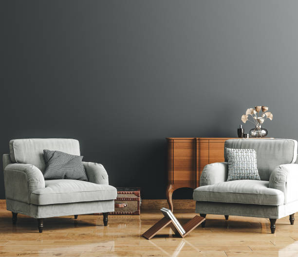 istock Home interior, modern dark living room interior, empty wall mock up 1399544328
