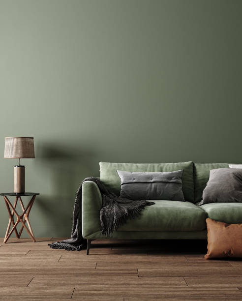istock Home interior mock-up with green sofa, table and decor in living room 1399544340