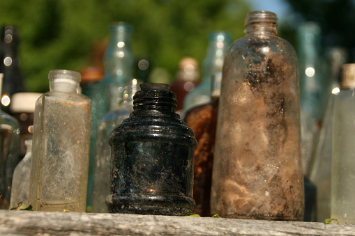 Old Vintage Retro glass bottles collection Exibition. Russia.