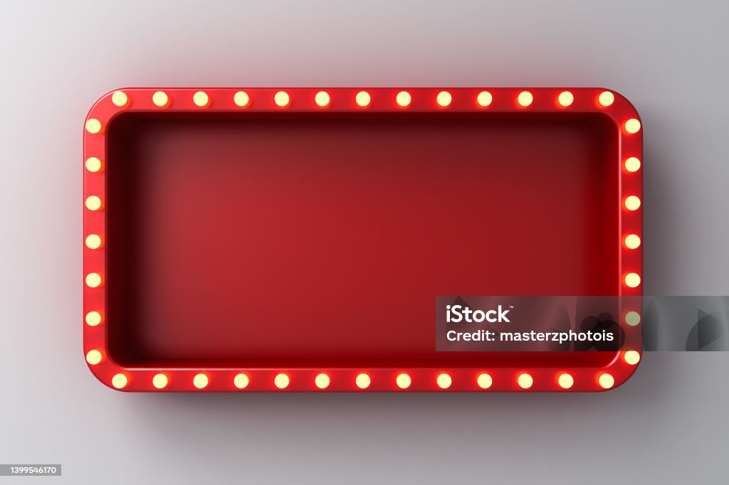 Retro billboard or blank shining signboard with glowing neon light bulbs isolated on white wall background with shadow 3D rendering Movie Stock Photo