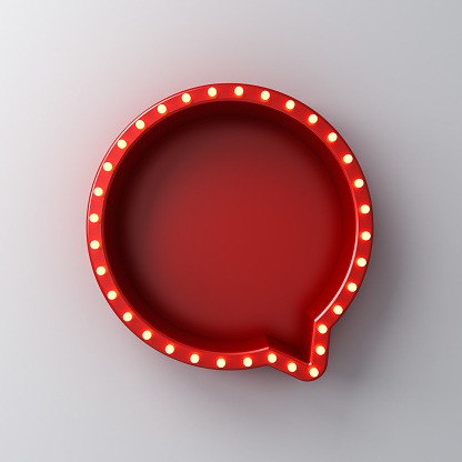 Retro round speech bubble with shining neon light bulbs isolated on white wall background with shadow creative idea concepts 3D rendering