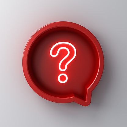 Neon light question mark icon in red round speech bubble box isolated on white wall background with shadow 3D rendering