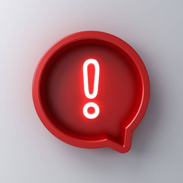 istock Neon light exclamation mark icon in red round speech bubble box 3d social media notification isolated on white wall background with shadow 3D rendering 1399546297