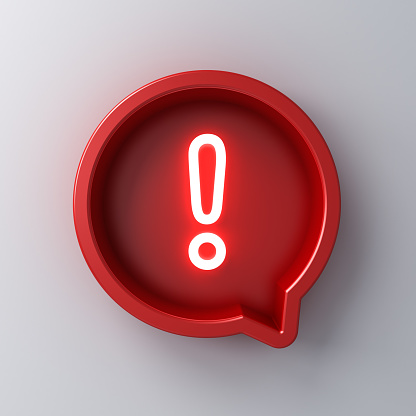 Neon light exclamation mark icon in red round speech bubble box 3d social media notification isolated on white wall background with shadow 3D rendering