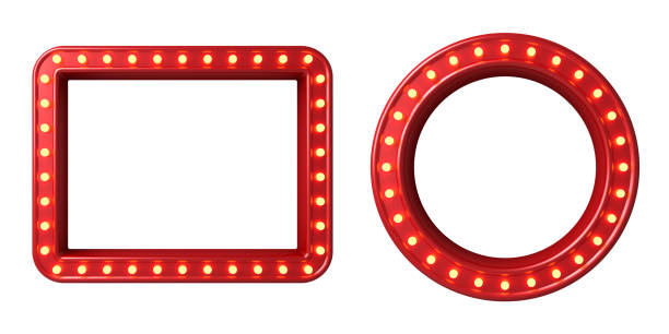istock Retro rectangle and round frames with glowing yellow neon light bulbs isolated on white background with shadow 3D rendering 1399546302