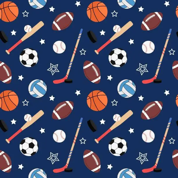Vector illustration of Team sports pattern. Seamless background with balls for soccer and american football, basketball. Flat vector illustration of baseball and hockey equipment
