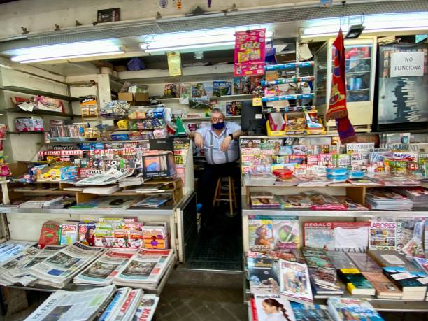Barcelona, Spain, - May 26, 2022. News paper and magazine kiosk in the city center.