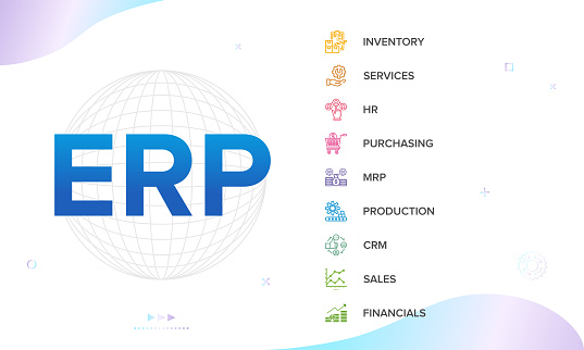 ERP - Enterprise resource planning vector structure, module, workflow icon construction concept infographics