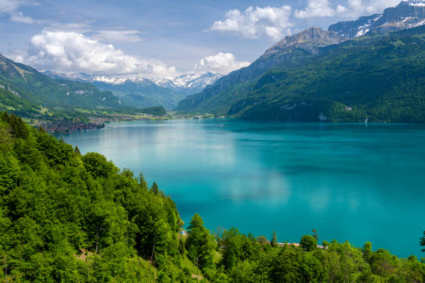 amazing view on alpine lake brienz in switzerland - interlaken berne brienz lake imagens e fotografias de stock