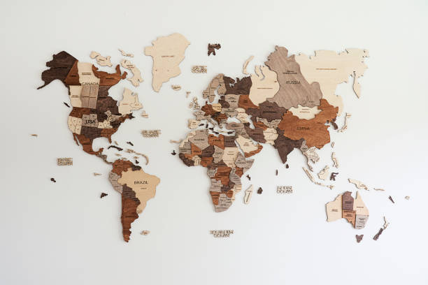 world map made of wood crafts for planning a trip stock photo