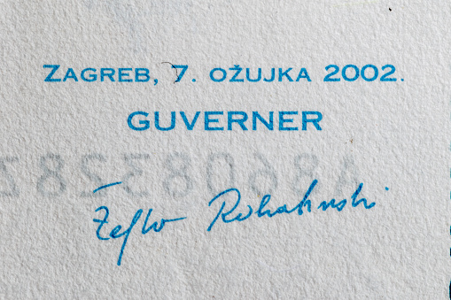 Pruszcz Gdanski, Poland - May 26, 2022: Zeljko Rohatinski signature on Croatian kuna HRK banknote.