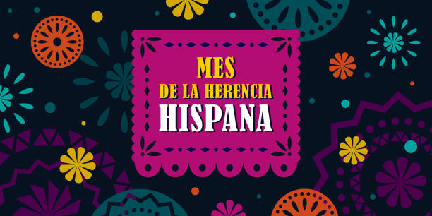 hispanic heritage month. vector web banner, poster, card for social media, networks. greeting in spanish mes de la herencia hispana text, papel picado pattern, perforated paper on black background. - hispanic heritage month 幅插畫檔、美工圖案、卡通及圖標