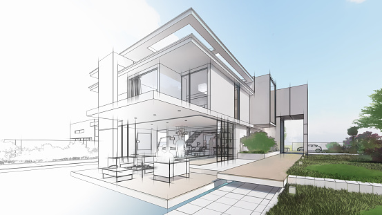 Render of a residential home on paper surface.