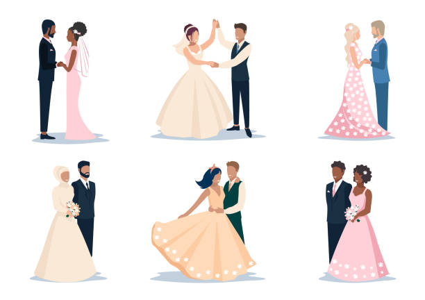 bride and groom Set of happy bride and groom getting married. Flat vector illustration of man and woman in love in wedding clothes isolated on white background. wedding silhouettes stock illustrations