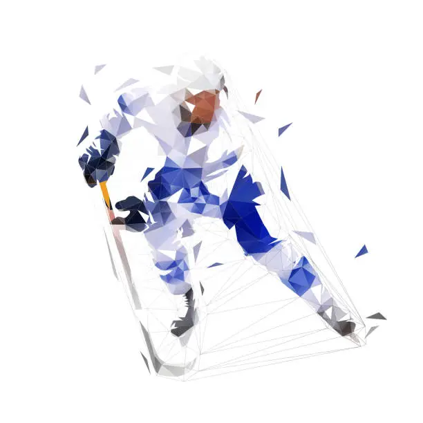 Vector illustration of Ice hockey player in blue jersey skating, isolated low polygonal vector illustration. Front view