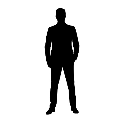 Businesmann in suit standing with hand in pocket, front view. Isolated vector silhouette. Business people