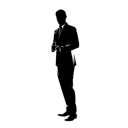 Businessman standing in suit, isolated vector silhouette. Ink drawing
