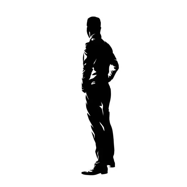 Vector illustration of Man standing with hands on hips, side view. Profile ink drawing. Isolated vector silhouette