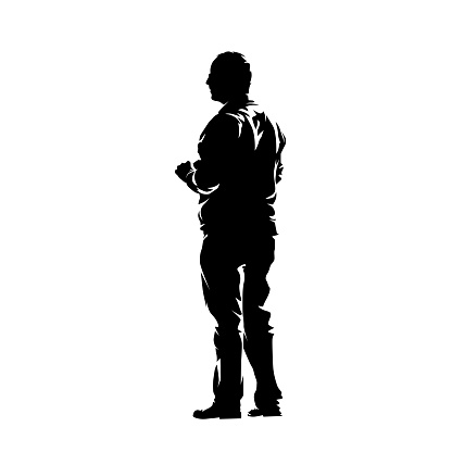 Senior man standing, isolated vector silhouette. Ink drawing. Rear view
