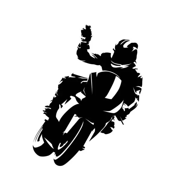 Vector illustration of Motorbike rider celebrates victory. Isolated vector silhouette. Ink drawing. Motorsport racing