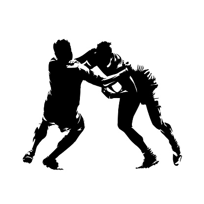 Rugby players dump, abstract isolated vector silhouette. Rugby tackle