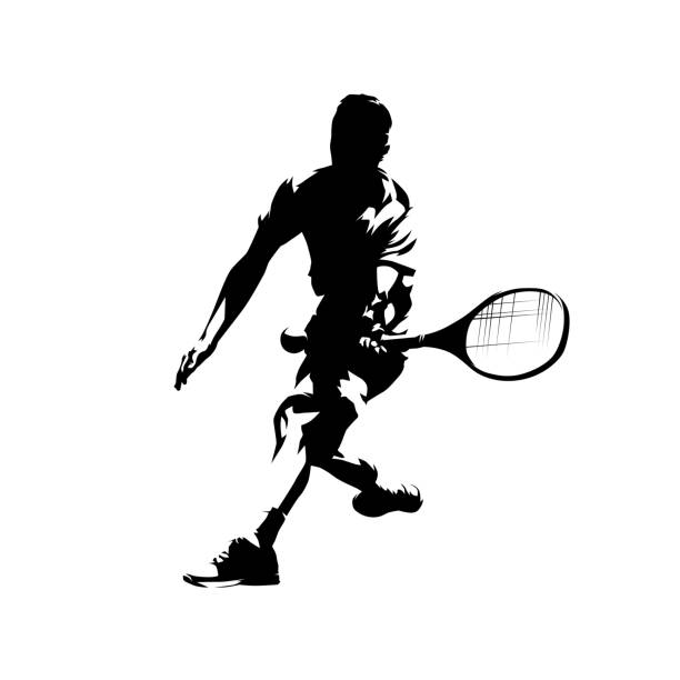 테니스 선수, 추상 절연 벡터 실루엣, 잉크 드로잉 - tennis racket ball isolated stock illustrations