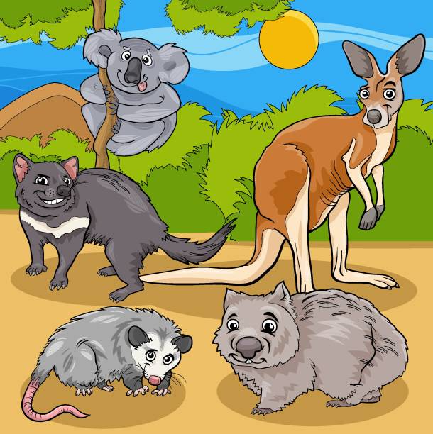 面白い漫画野生動物のキャラクターグループ - tasmanian animals点のイラスト素材／クリップアート素材／マンガ素材／アイコン素材