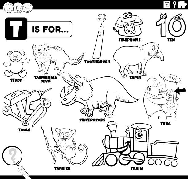 ilustraciones, imágenes clip art, dibujos animados e iconos de stock de letra t palabras conjunto educativo dibujo del libro para colorear - drawn learn dinosaur