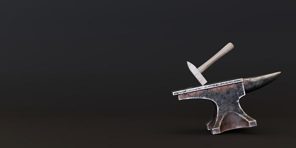 Blacksmith's hammer on metal anvil on the black background. Ambos, forge tool. Metal industry, old profession. Free, copy space for your text. Template for advertising, announcement. 3D rendering