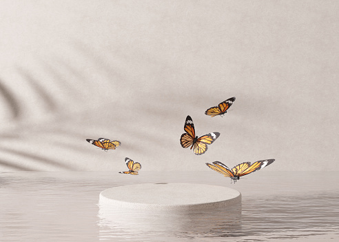 Podium standing in water with flying butterflies, on cream background. Beautiful mock up for product, cosmetic presentation. Pedestal or platform for beauty products. Empty scene, stage. 3D rendering