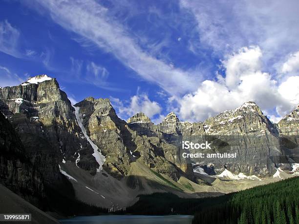 Moraine Lake Montañas Rocosas Detrás Foto de stock y más banco de imágenes de Agua - Agua, Aire libre, Alberta