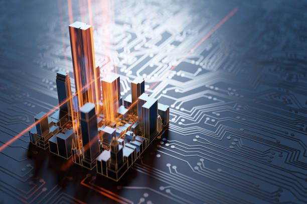 City on a circuit board with beautiful hi-tech light effects and copy space. 3D rendering. stock photo